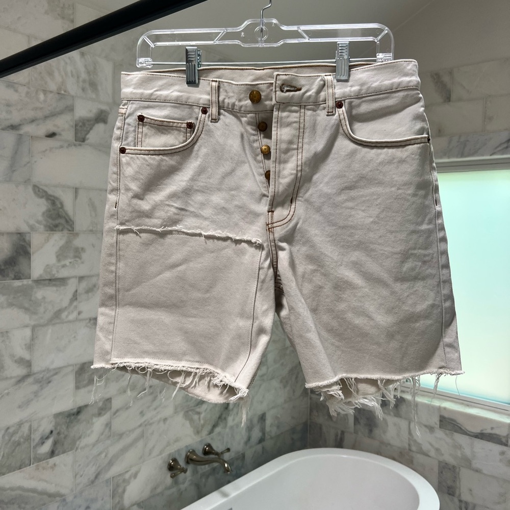 B SIDES Light Wash Raw Hem Denim Shorts
